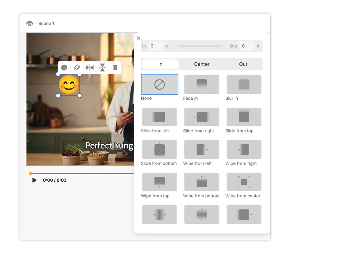 Graphic animation effects in Visla for animating stickers, emojis, shapes, and visual elements with fade, slide, blur, and wipe effects